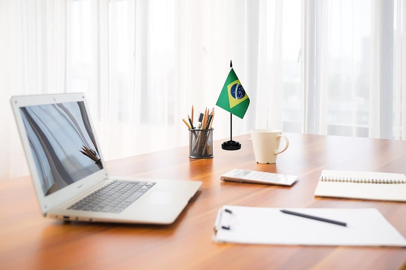 tibijoy Brazil Brazilian Deluxe Desk Flag Set, Small Mini Miniature Brazil Brazilian Table Desktop Flags With Solid Pole, Black Base and Spear Top(2 Pack) - Image 4